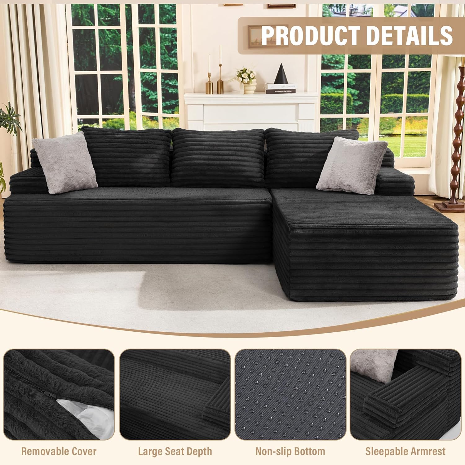 Hobestluk Modular Sectional Sofa Couches L-Shape Couch 3 Seat Modular Sofa Memory Foam Sectional Couches for Living Room, Cloud Couch with Oversized Chaise (96" Right Facing Chaise)