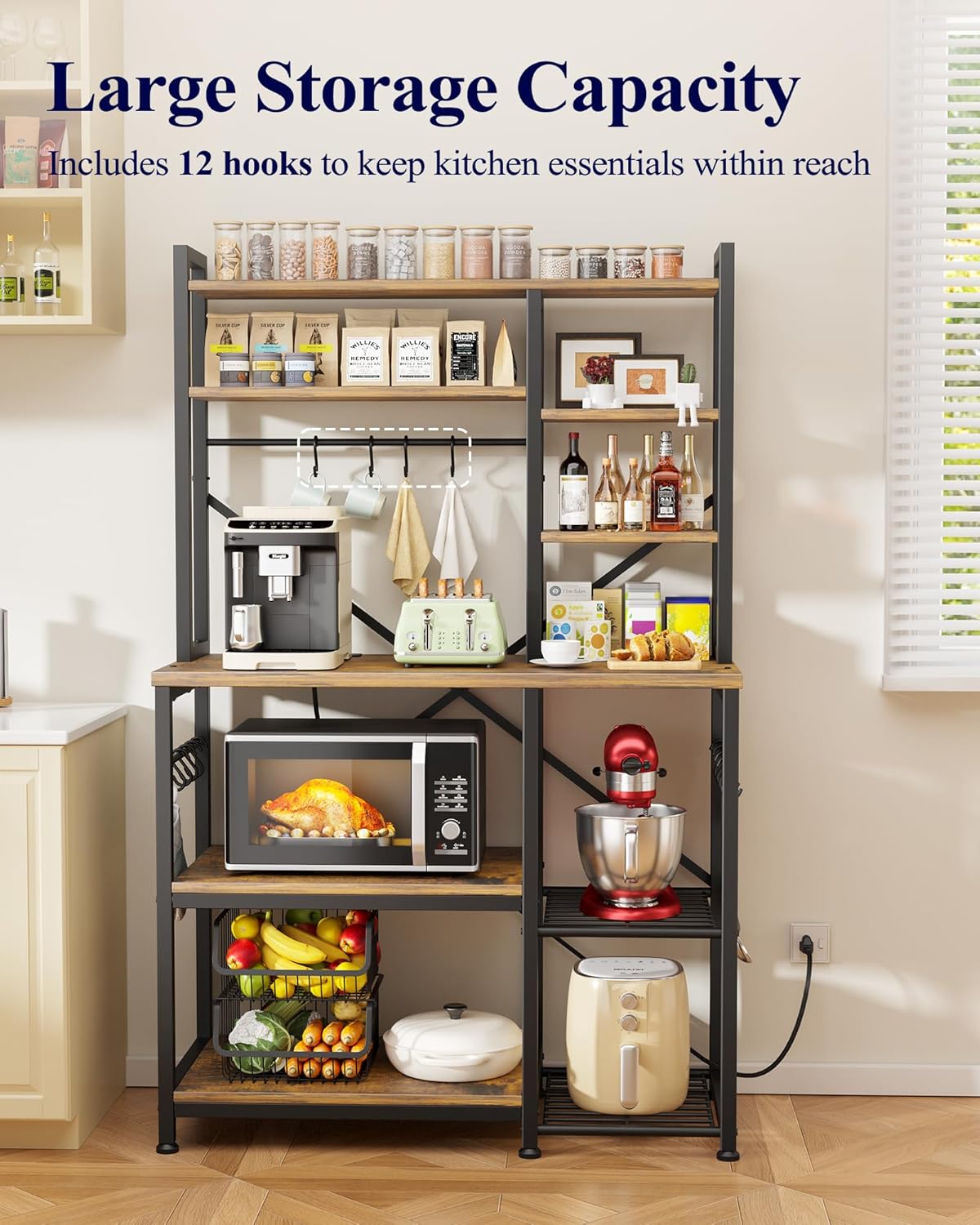 Kitsure Baker's Rack with Power Outlet - Storage Rack with Kitchen Shelves and 12 Hooks, Versatile Coffee Bar and Microwave Stand for Appliances, Pantry, Home Organization,Brown, 38.0" x 15.5" x 67.0"