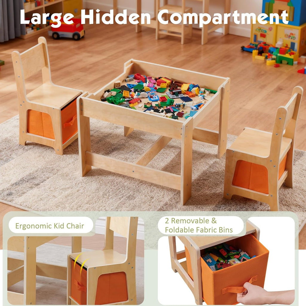 Wooden Kids Table and Chair Set, 3 in 1 Activity Table with Storage Drawer, 2 in 1 Detachable Tabletop Construction Play Table Set for Drawing, Reading
