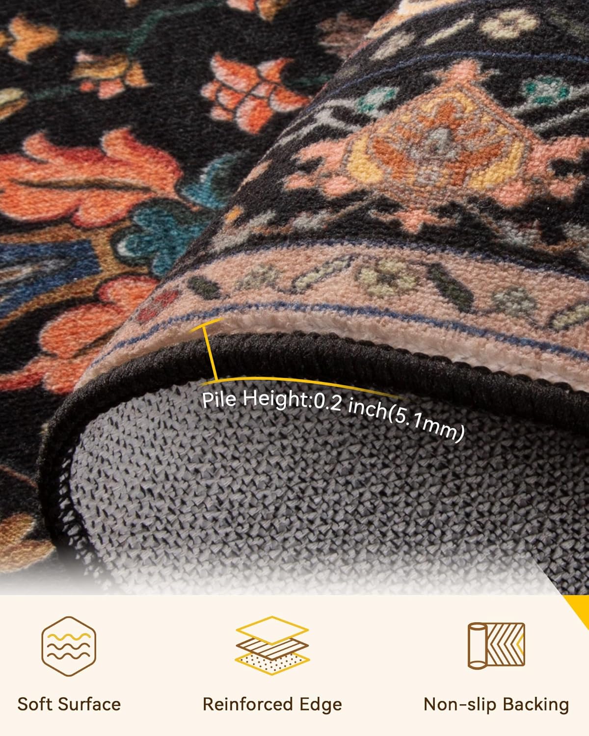 RELEANY Area Rugs 9'x12' Washable Non-Slip, Floral Vintage Distress Print Pattern Medallion Carpet for Living Room Bedroom Dining Room, Black Colorful Floral Dark Tan