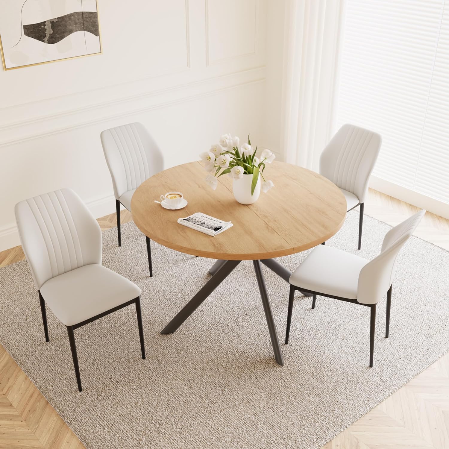 HIPIHOM 45.3 Inch Round Dining Table Set for 4, Mid Century Modern Small Kitchen Coffee Set for Dining Room Kitchen Apartment (Oak Table + 4 White Chairs)
