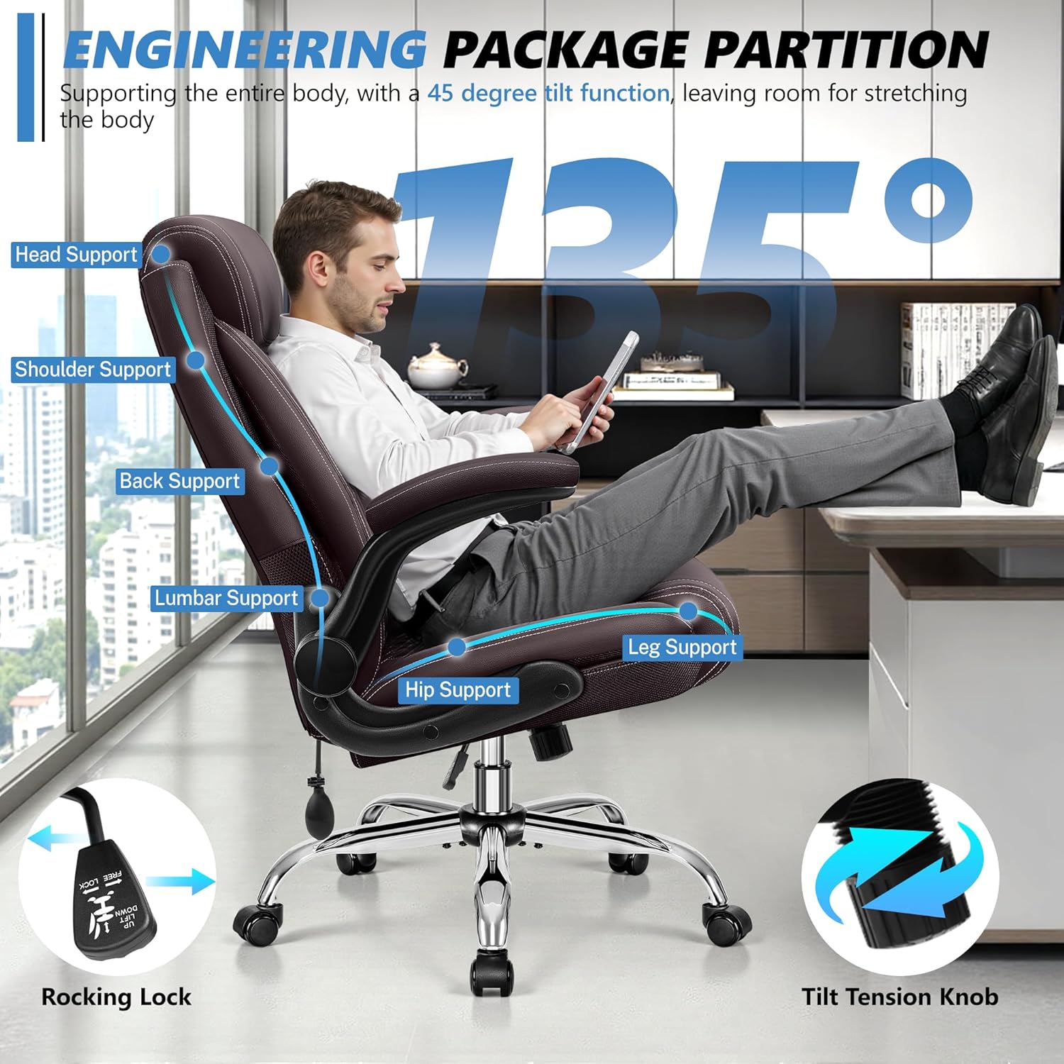 Office Chair, Big and Tall Ergonomic Desk Chair, Executive Leather Computer Chair with Adjustable Lumbar Support, Comfy Gaming Chair with Flip Up Arms, Swivel PC Chair with Rocking Function, Coffee