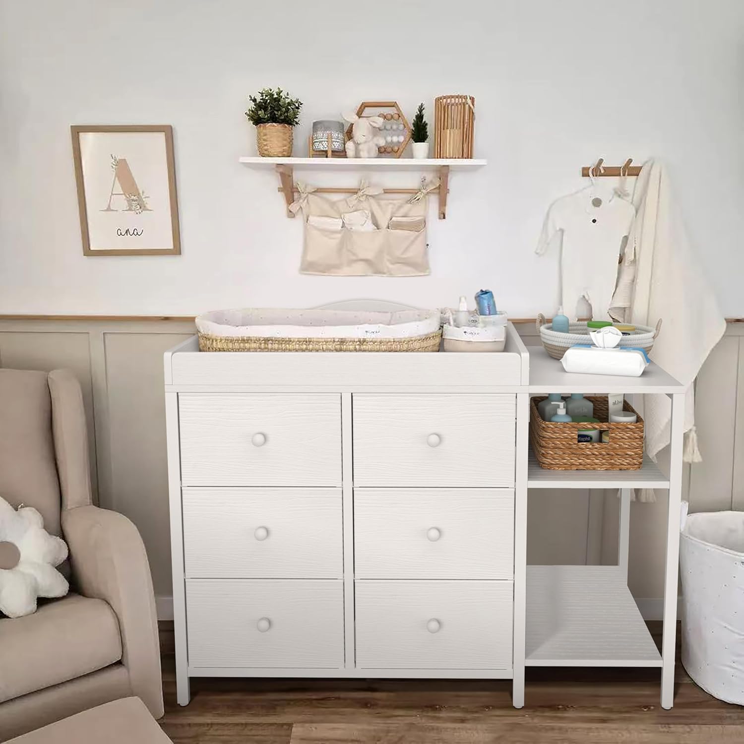 BOLUO Baby Dresser with Changing Table Top, Black Changing Table Dresser with 6 Fabric Drawers Diaper Changing Station with Storage Shelf for Nursery Modern