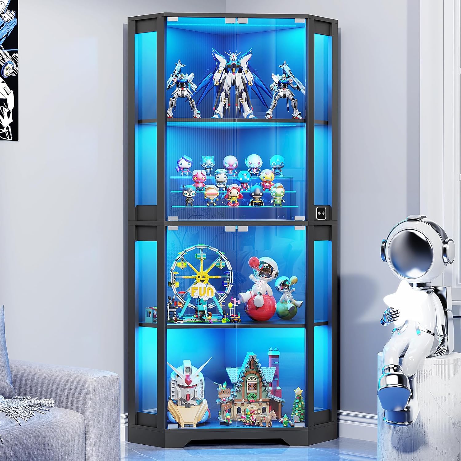 BROTTAR Corner Display Cabinet with Glass Doors, 65" Lighted Curio Cabinet with 3 Color LED Lights for Collectibles, 4-Tier Showcase Display Case with Human Body Sensor for Toys, Books, Black