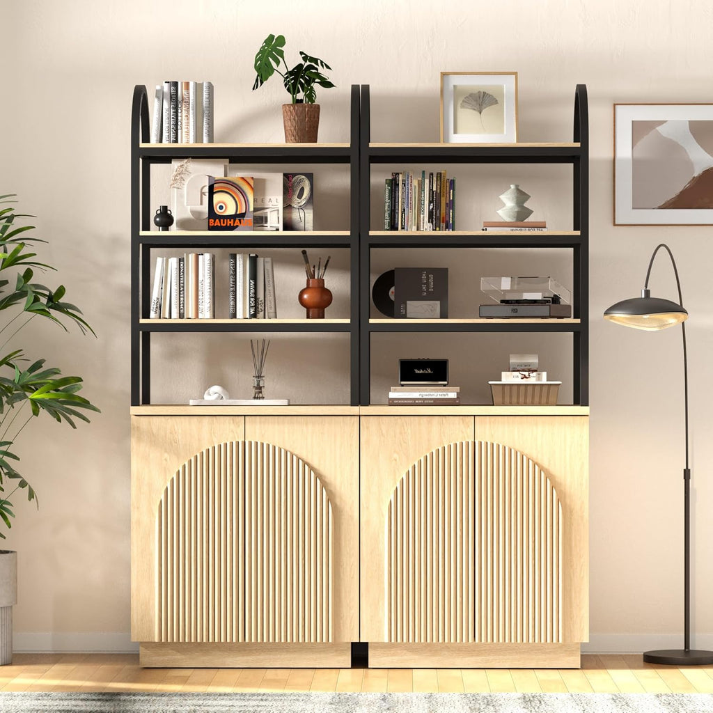 Brafab 71" Arched Bookcase with Reeded Design Doors, 7-Tier Bookshelf with Storage and Cabinet,Metal Frame Adjustable Shelves, for Living Room, Office, Library,Study (Natural Oak, 1 PCS)