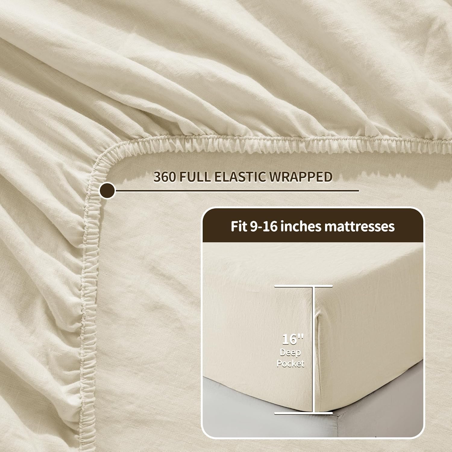 LBRO2M 100% Pure Linen Sheet Set Deep Pocket Up to 16" Bed Sheets Sets, Natural Flax Beddings Soft, Breathable, Comfortable for All Seasons 4 Pcs Sheet Set Queen Size, Beige