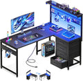 MOTPK 43” L Shaped Gaming Desk for Small Rooms, Compact Corner Computer Table with Shelf & Hutch, 4 Drawers, Reversible Study Desk with LED Light, Power Outlets & USB Ports, Black Carbon Fiber