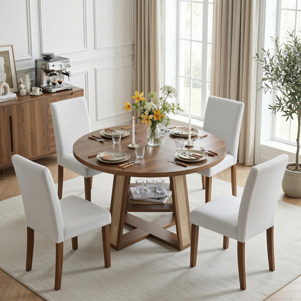 LIKIMIO 43"-59" Extendable Round Dining Table for 4-8, Transformer Oval Dining Room Table with Removable Leaves Space Saving, Wood Base Kitchen Table with Storage Shelf for Living Room, Walnut