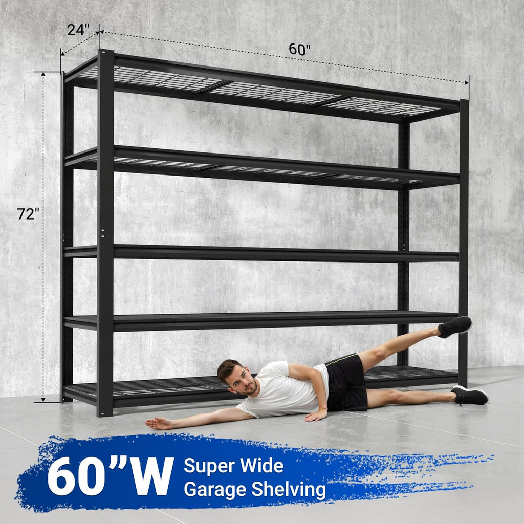 FLEXIMOUNTS 60" W Garage Shelving, 5 Tier Storage Shelves Load 1500LBS, Adjustable Garage Shelving Heavy Duty, Metal Shelves Unit for Basement, Warehouse, 60" W x 72" H x 24" D, Black