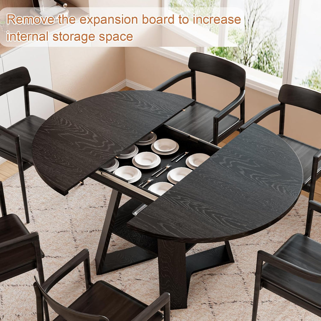 43.3in-59in Extendable Round Dining Table for 2-8,Modern Kitchen Oval Dining Table with Removable Leaves Space Saving,Wood Base with Storage Shelf for Kitchen Living Room (Black Style 3)