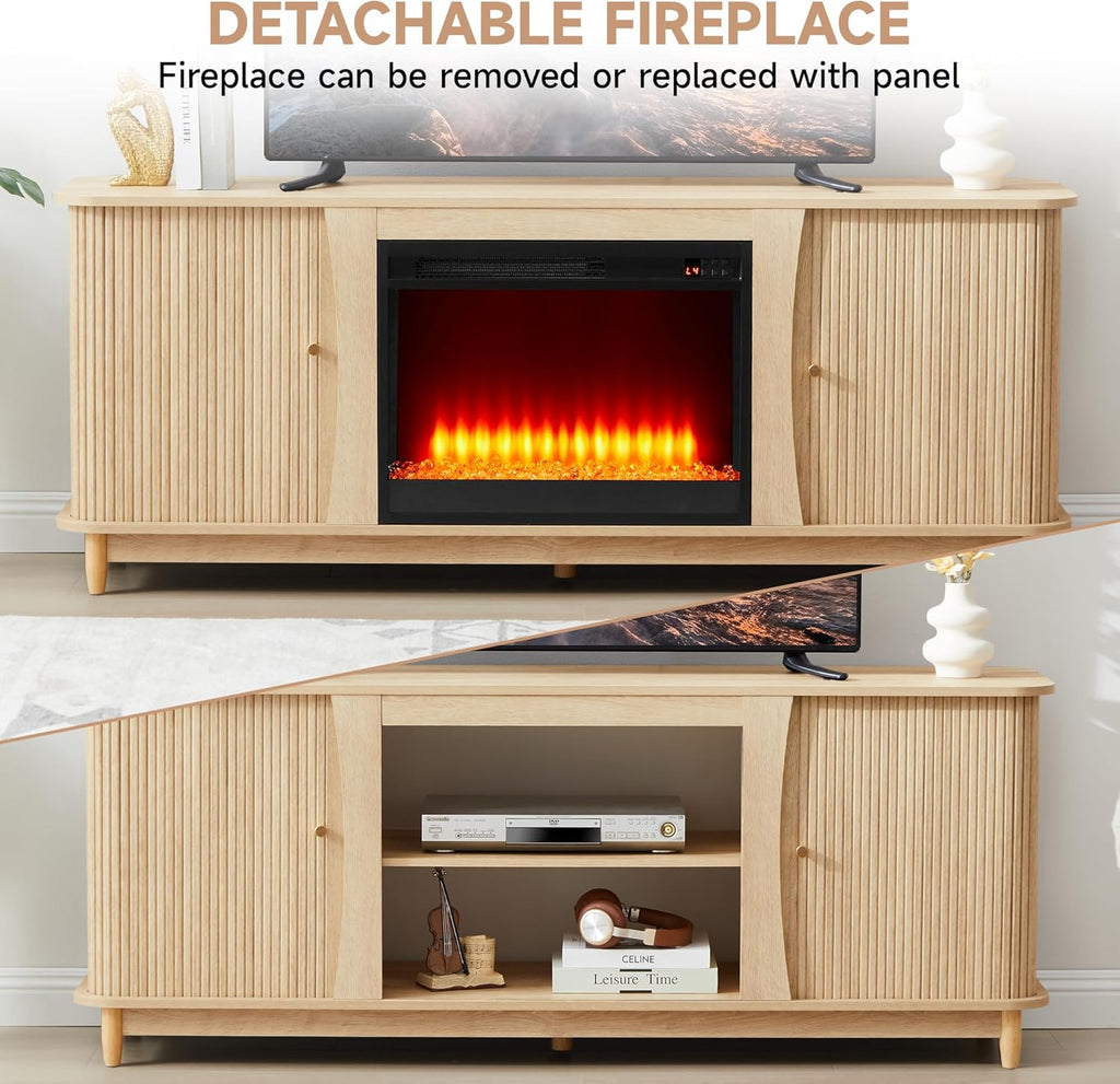 Fireplace TV Stand, Fluted TV Stand with Storage and Sliding Door, Farmhouse Entertainment Center Media Console Table for Living Room (Natural)