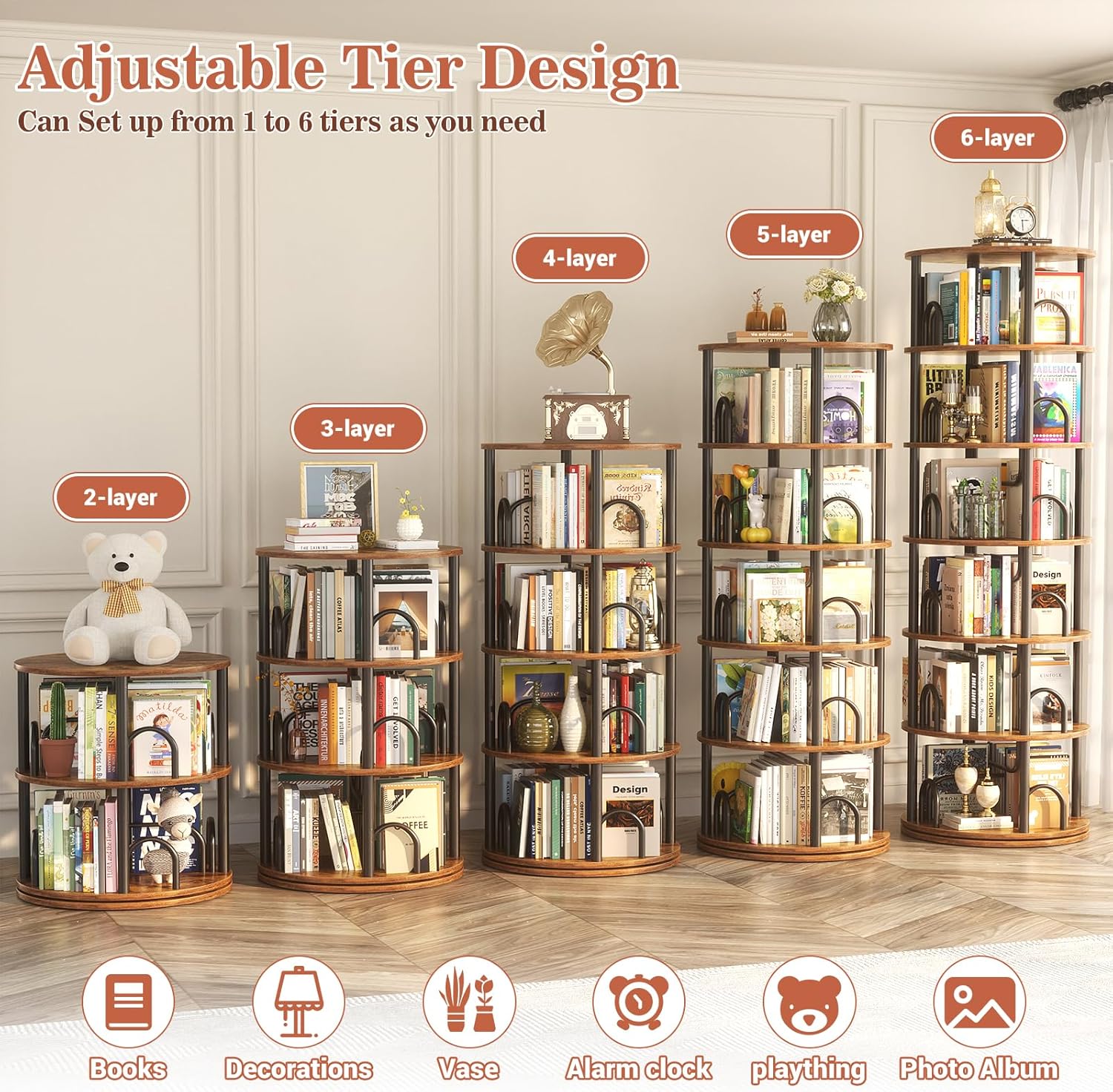 Aheaplus 6 Tier Rotating Bookshelf Tower, Revolving Bookcase, 360° Round Spinning Book Shelf, Narrow Swivel Bookshelves Vertical Turning Corner Bookshelf Organizer for Small Space, Rustic Brown