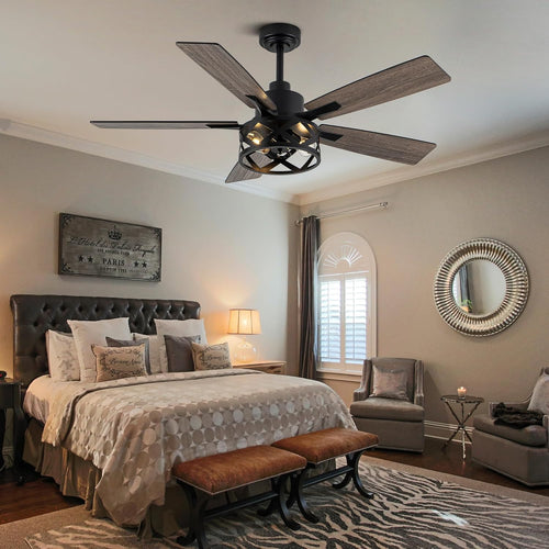 52" Farmhouse Ceiling Fan with Lights and Remote,Ceiling Fan with Caged Rustic Light Fixture,Reversible DC Motor,5 Double Finish Wood Blades for Patio,Living Room,Dining Room,Bedroom