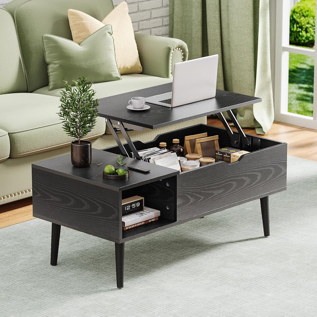 OLIXIS Wood Lift Top Coffee Table with Hidden Compartment and Large Storage Shelf, Lift Tabletop Dining Center Table for Home Living Room Office, Black