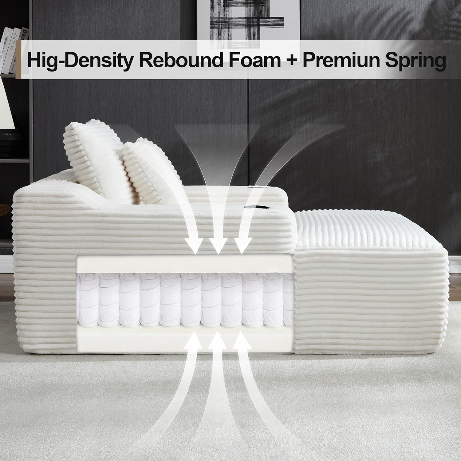 Chaise Lounge Chair Indoor, Cloud Sofa Bed with Cup Holders, Corduroy Upholstered Couch with 17.71" Seat High, Lazy Sofa Bed for Living Room Apart, Fully Assembled - White