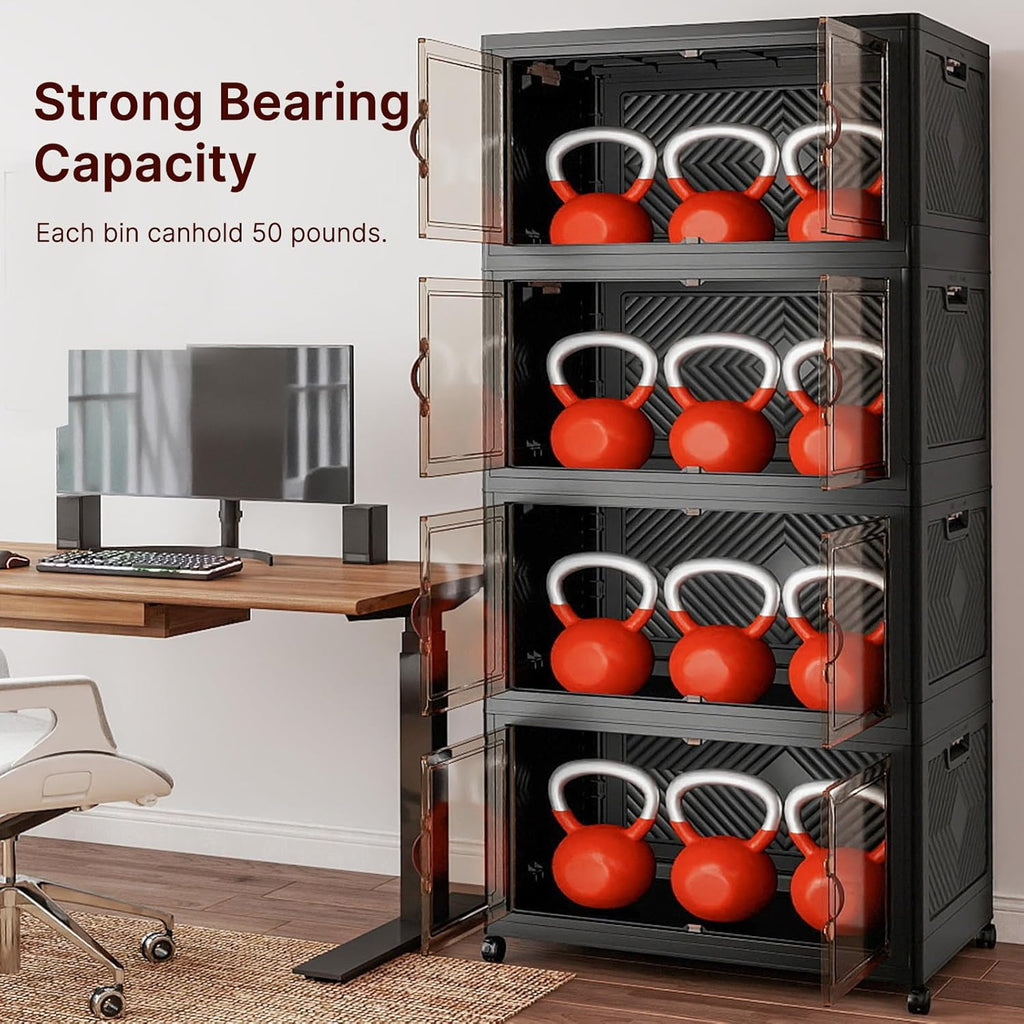 UAMFURI Stackable Storage Bins with Lids & Wheels & Door, Foldable Collapsible Closet Organizers, Extra Large Plastic Storage Drawers for Bedroom Dorm Office Garage (Dark-175QT, 4Pack with 1 top lid)