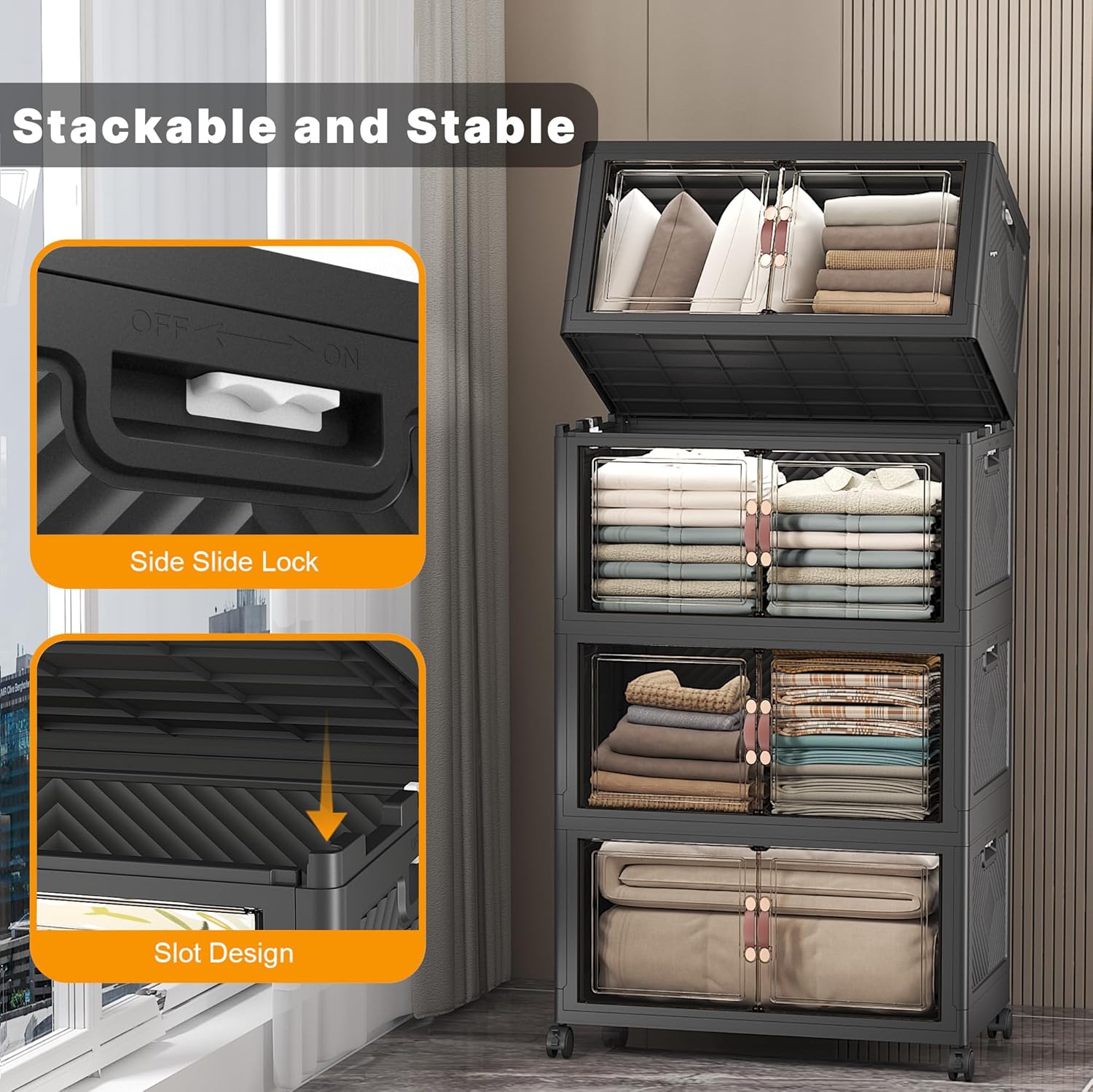 UAMFURI Stackable Storage Bins with Lids & Wheels & Door, Foldable Collapsible Closet Organizers, Extra Large Plastic Storage Drawers for Bedroom Dorm Office Garage (Dark-120qt, 4Pack with 1 top lid)