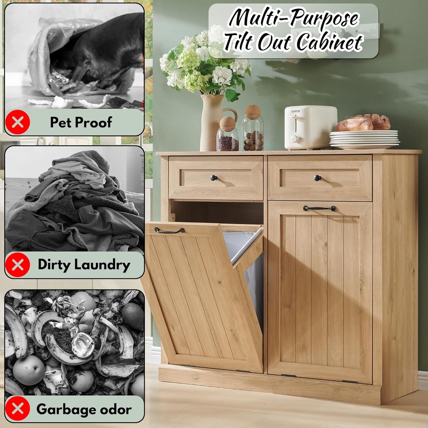 IFBUY Double Tilt Out Laundry Hamper Cabinet, 20 Gallon Farmhouse Trash Can Cabinet with Drawer, Hidden Wood Garbage Can Bin Cabinets with Laundry Storage Basket for Bathroom, Kitchen (Natural)