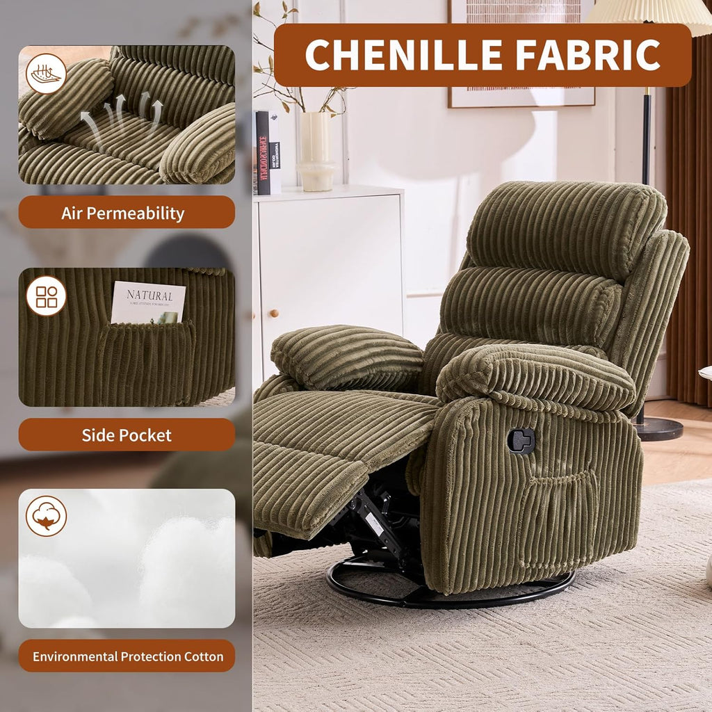 Cloud-Soft Velvet 360° Swivel Rocking Chair Nursery Recliner - High Back Gliding Recliner Chair, Plush Footrest, Supportive Armrests & Side Storage Pocket, Ideal for Nursery & Living Room, Green
