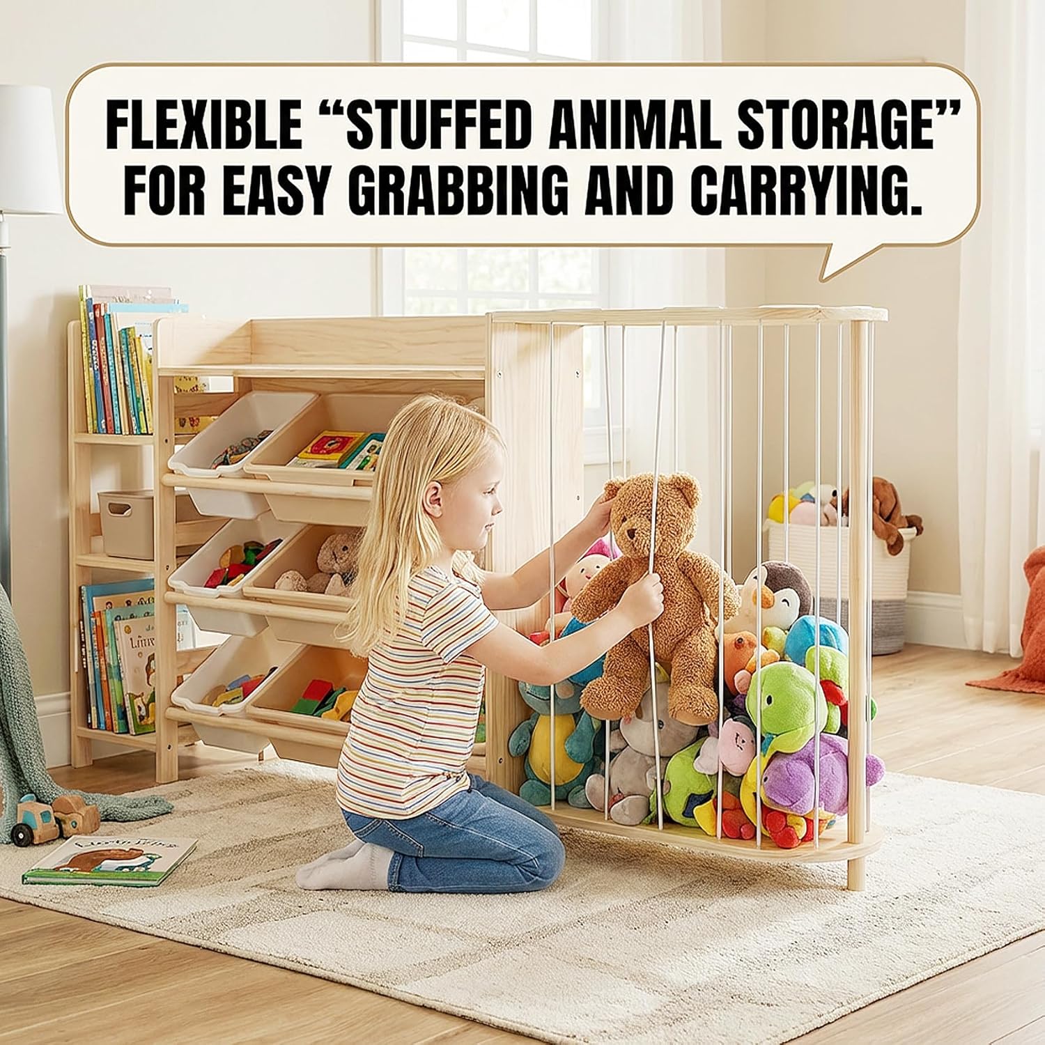 Amdermi Kid's Toy Storage Organizer with Bookcase & Plush Stuffed Animal Zoo, Multi-Bin Toy Storage Shelf for Toddlers, 4-in-1 Wooden Display Rack for Playroom, Bedroom & Nursery - Natural Wood Color