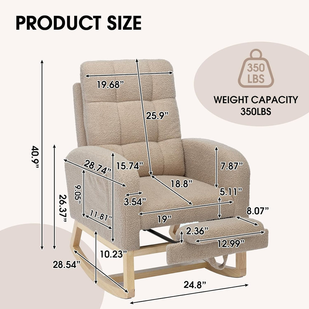 NIOIIKIT Modern Nursery Rocking Chair, Teddy Upholstered Rocking Chair with Footrest, Comfortable Rocker Chair with Side Pocket, Rocker Chair for Living Room, Bedroom, Nursing Room (Brown)