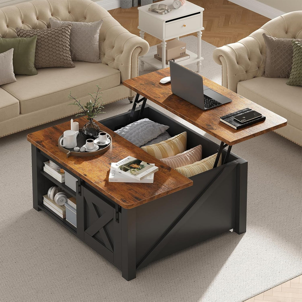DUMOS Coffee Table, Lift Top Center Table with Storage, Square Living Room Tables with Adjustable Shelves, Wooden Center Coffee Table with Hidden Storage Compartment, Black
