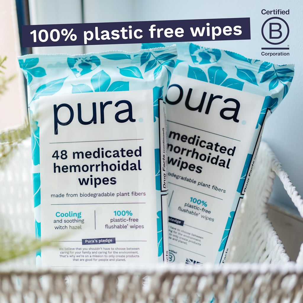 Pura XL Flushable Medicated Wipes for Hemorrhoid Relief, Extra-Large, Fragrance-Free Wet Wipes with Witch Hazel, Coconut Oil & Aloe, Skin Soothing, 96 Wipes (2 Packs)