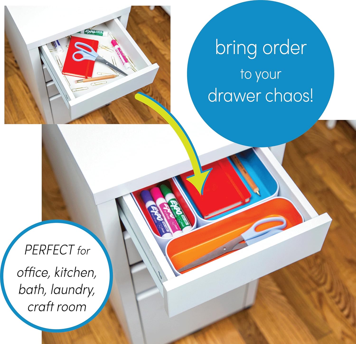 Three by Three Seattle 6 Piece Metal Organizer Tray Set for Storing Makeup, Stationery, Utensils, and More in Office Desk, Kitchen and Bathroom Drawers (1 Inch, Assorted Colors, Stripes)