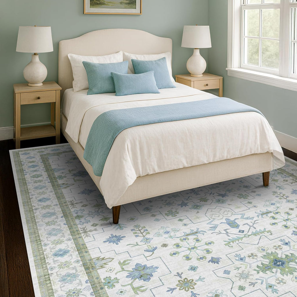Hazo Haus Blue and Green Living Room Rug 8x10 - Cream Oushak Vintage Boho Floral Farmhouse, Washable Low Pile Non-Slip Extra Large Area Rugs for Bedroom, Girls, Boys, Playroom, Lounge