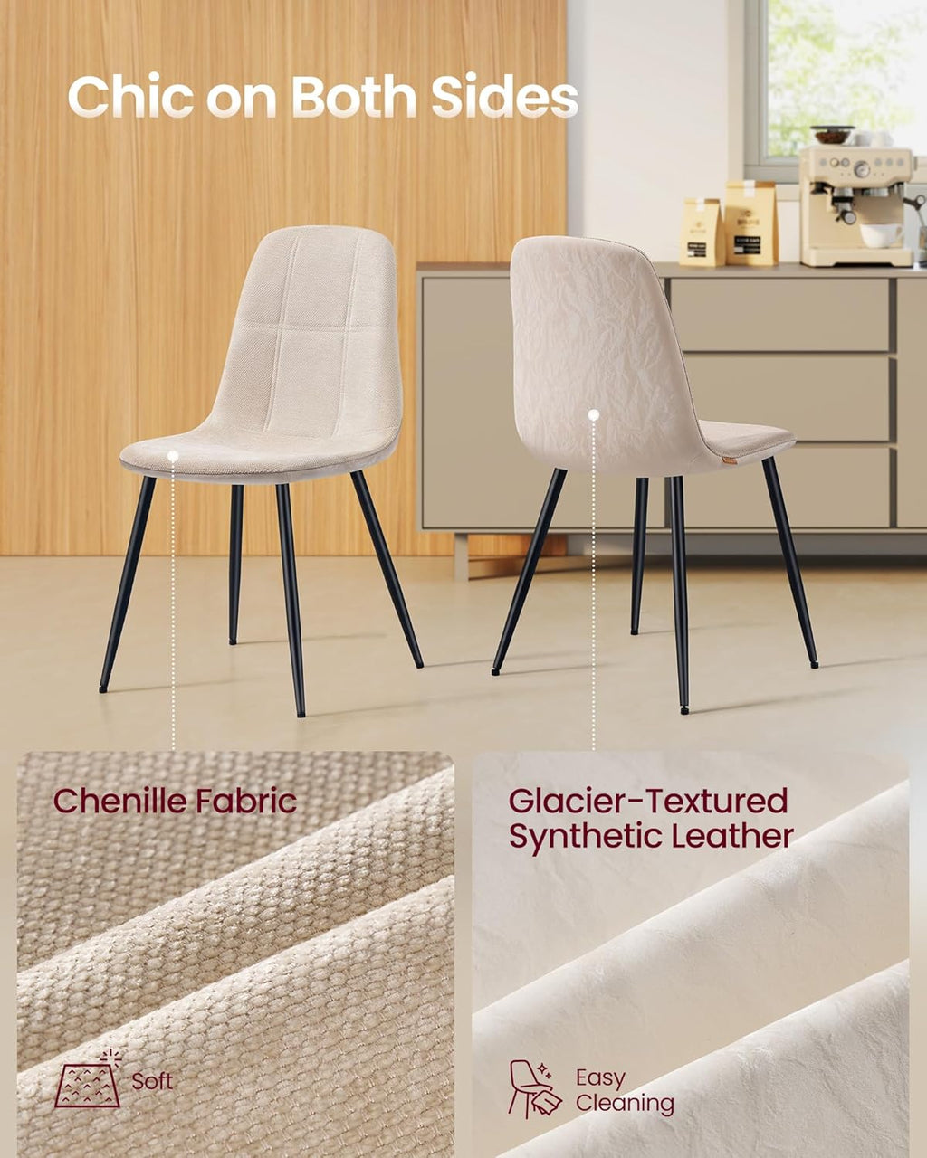 VASAGLE Dining Chairs, Set of 4 Dining Room Chairs, Metal Frame, Adjustable Feet, Easy to Clean, Chenille Fabric, Glacier-Textured Synthetic Leather, for Kitchen, Cream White UKDC188W01
