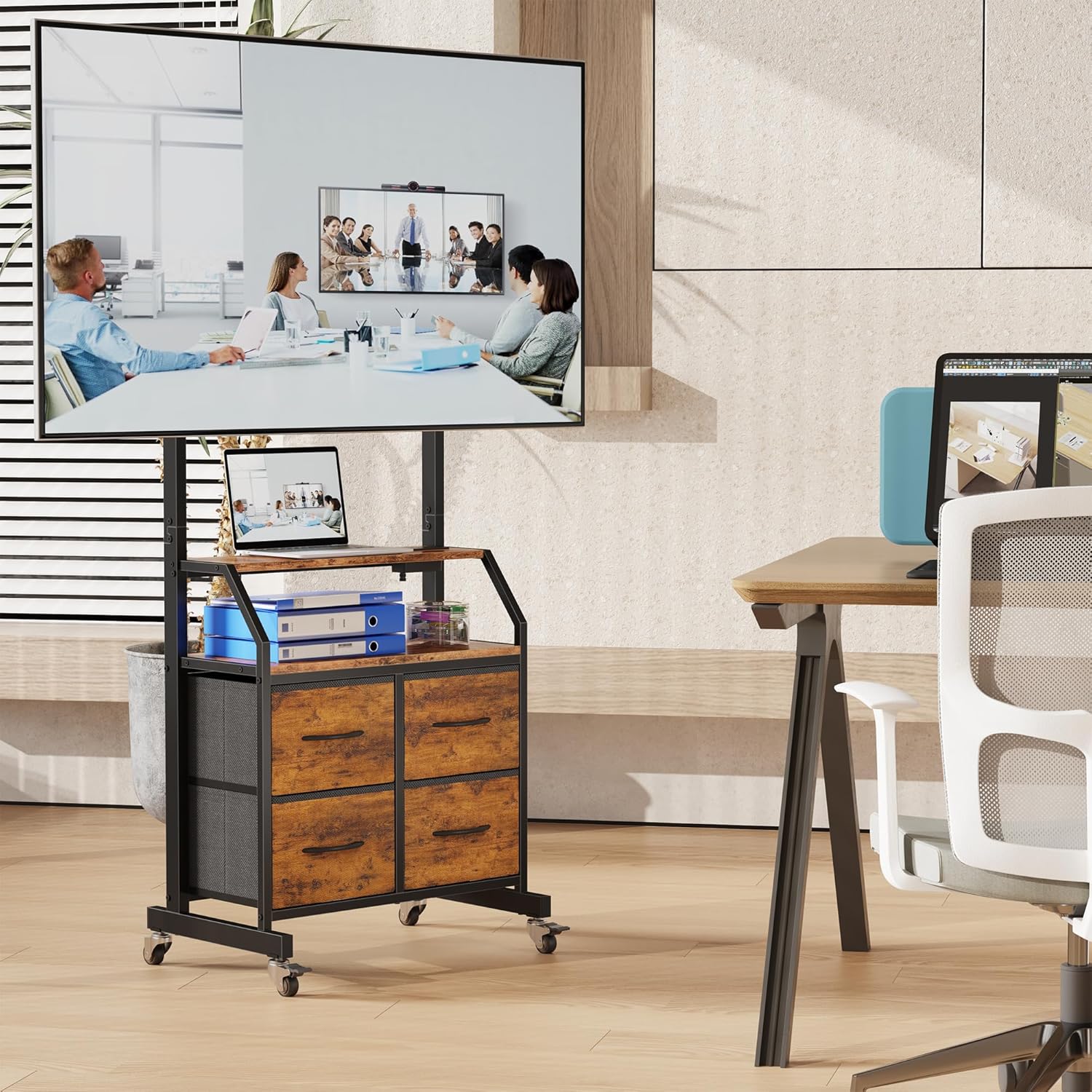 Rolling TV Stand with Mount & 4 Fabric Drawers - TV Stand with Wheels for 32-75" TV, Entertainment Center & Console Table for Living Room or Bedroom, Modern Television Stand with Storage, Rustic Brown