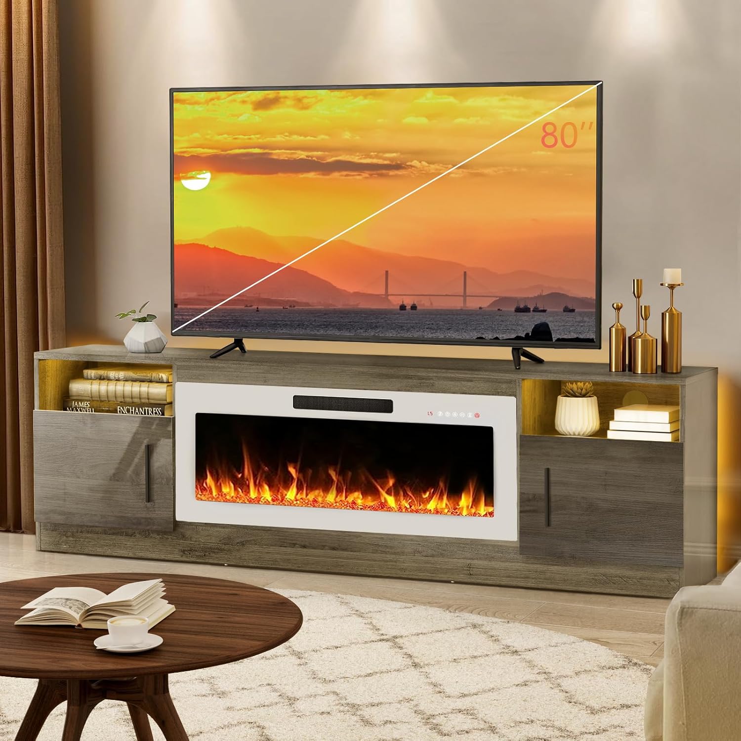 Lemberi Fireplace tv Stand with 36 inch White Fireplace Up to 80" TVs,LED Light Entertainment Center and Storage, 70" Modern Wood Media TV Console with Highlight Cabinet for Living Room (Gray)