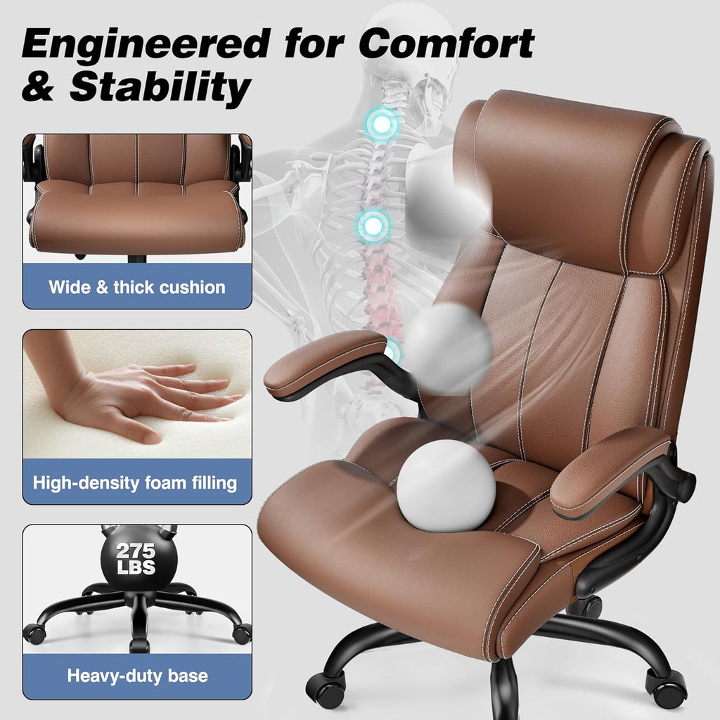 BESTFAIR Ergonomic Office Chair - Home Desk Computer Chair, Leather High Back Executive Chairs with Adjustable Lumbar Support & Flip-up Arms, Rocking Swivel Comfy, Brown