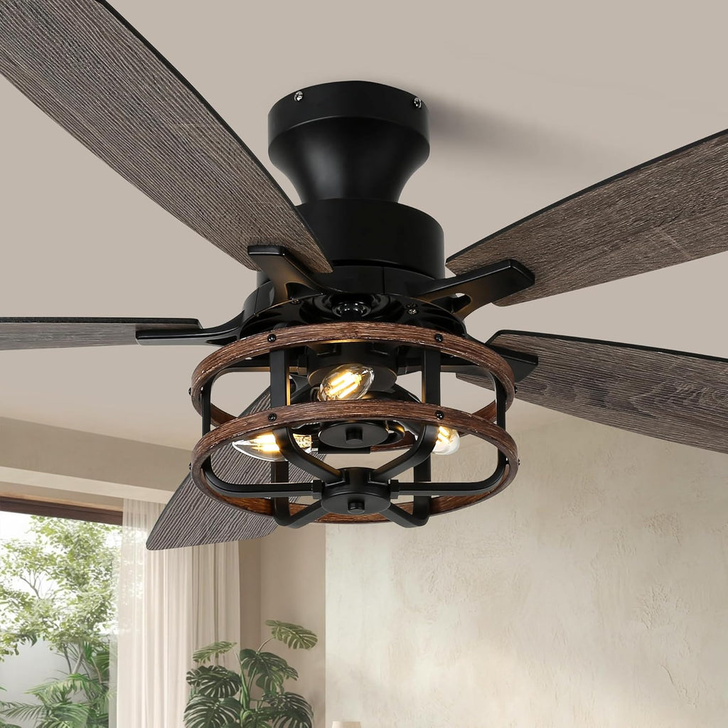 52" Farmhouse Ceiling Fans with Lights and Remote,Chandelier Ceiling Fan with 5 Double Colour Blades Reversible DC Motor,Rustic Caged Ceiling Fan for Living Room,Dining Room,Bedroom