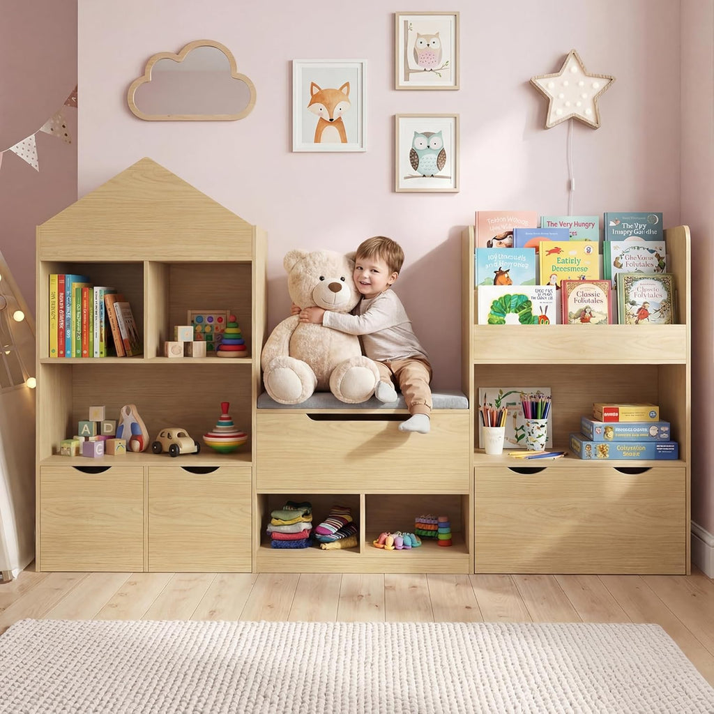 72" Kids Castle Bookshelf with Reading Nook, Large Toy Storage Organizer with Seat Cushion, 4 Drawers, Wheels, Kids Bookshelf and Bookcase w/8 Cubbies for Playroom, Nursery, Bedroom (Burlywood)