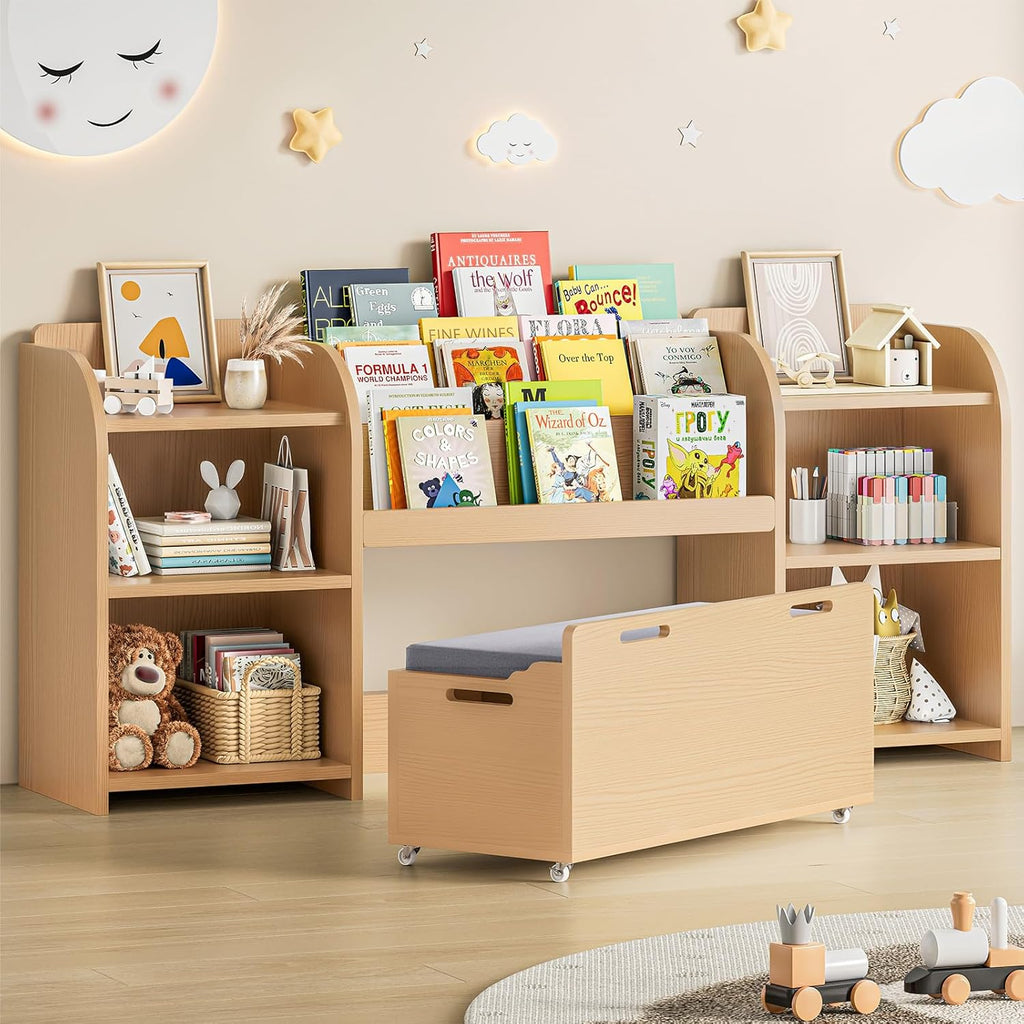 ONBRILL Kids Bookshelf with Reading Nook, 64.5" Toy Storage Organizer with Movable Bench with 3 Storage, Kids Bookcase with 3-Tier Bookshelf, 6 Storages Cubbies, Toy Box & Chest for Bedroom, Playroom