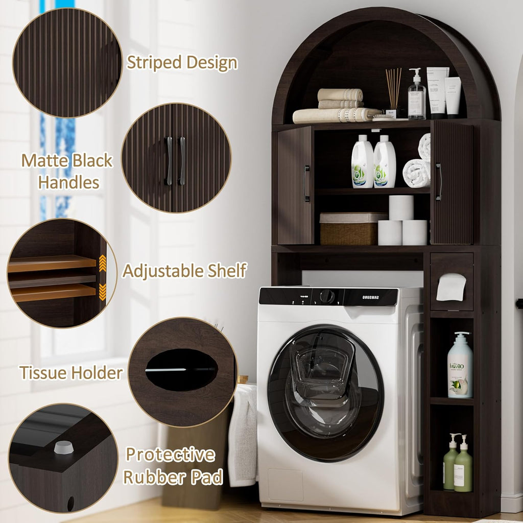 Spurgehom Over The Toilet Storage Cabinet, Bathroom Shelf Organizer Freestanding, Bathroom Arch Cabinet Over Toilet with Toilet Paper Holder and Anti-Tipping Device (Coffee)