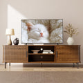 SUNCOZE 70" Mid-Century Fluted TV Stand with Storage, Modern Entertainment Centerfor TVs up to 80 Inch with Sliding Tambour Doors & Open Shelves, Media Console for Living Room or Bedroom (Walnut)