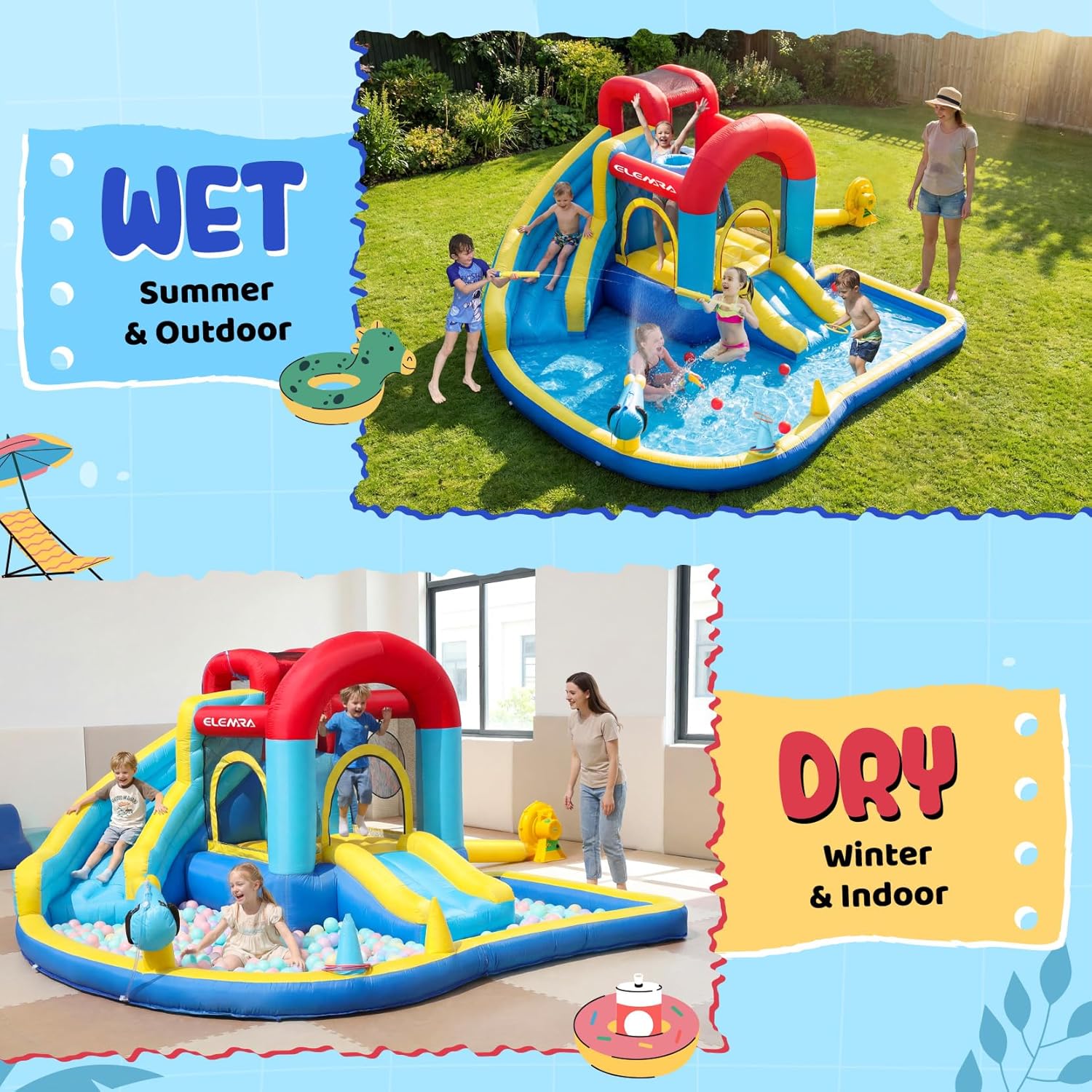 ELEMARA Inflatable Water Slide, 9 in 1 Kids Bounce House with 2 Slides, Pool&Trampoline, Fun Dart Game&Ring-toss Game, Climbing Walls, Bounce House with Blower for Outdoor Indoor, 108.3*106.3*56.3in