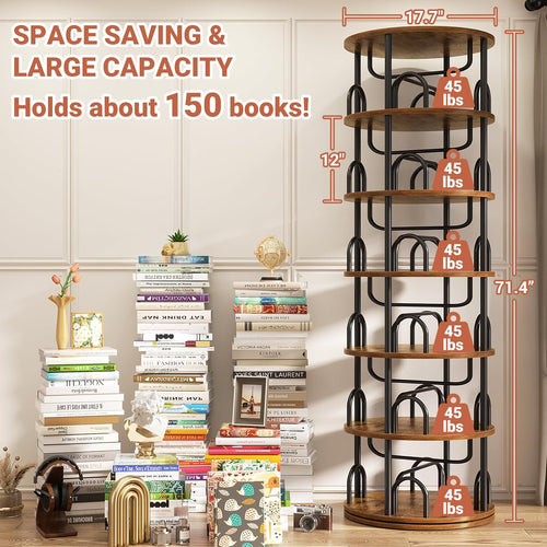 Aheaplus 6 Tier Rotating Bookshelf Tower, Revolving Bookcase, 360° Round Spinning Book Shelf, Narrow Swivel Bookshelves Vertical Turning Corner Bookshelf Organizer for Small Space, Rustic Brown