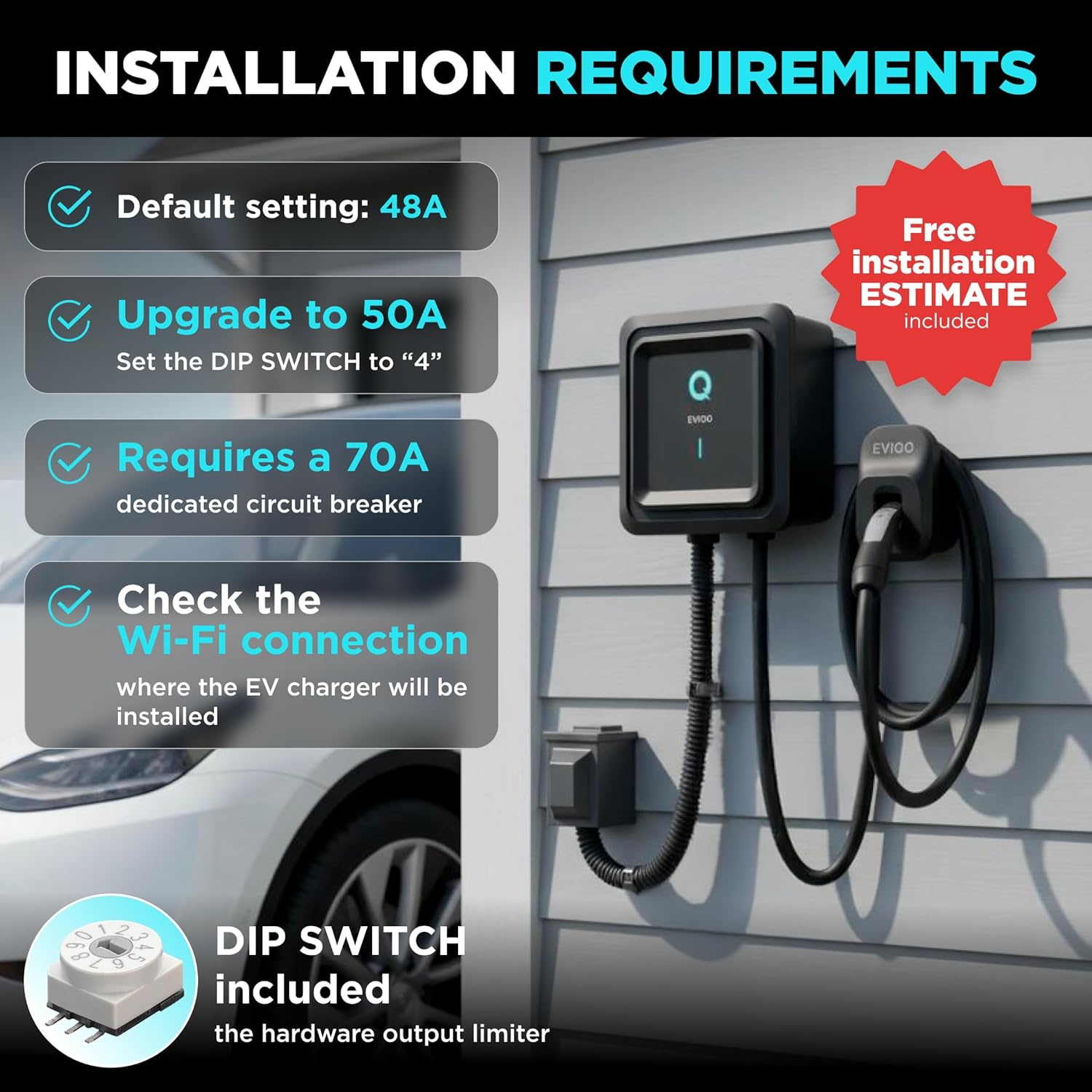 EVIQO NACS Charger for Tesla 48 Amp 240V Hardwired Level 2 EV Charger - Wall EV Charger Level 2, 25ft Cable, WiFi (2.4 GHz) Smart App - Weatherproof, Outdoor (IP66,NEMA 4) UL, ETL Certified