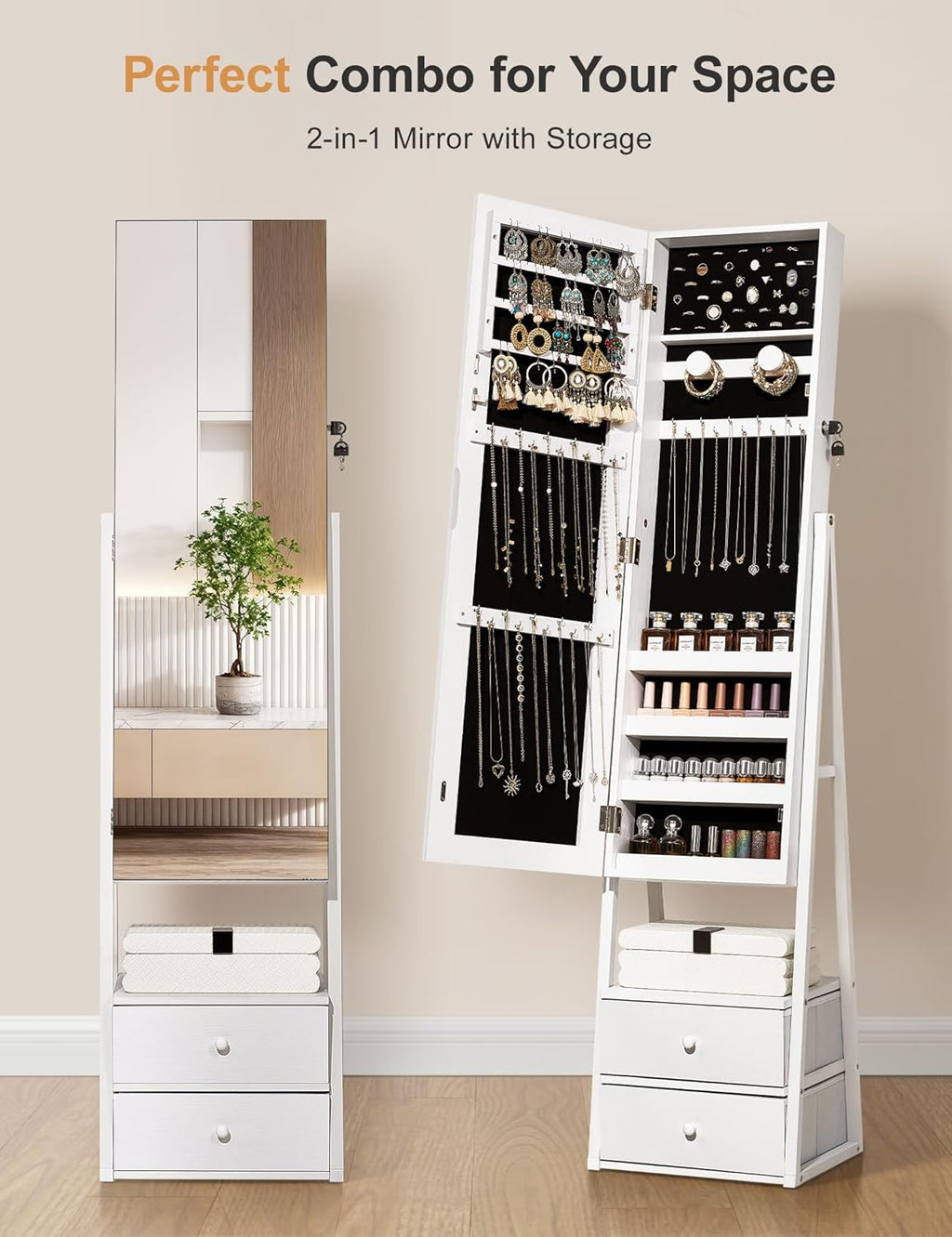 Nicetree Jewelry Cabinet Armoire with 2 Drawers, Lockable Standing Mirror Jewelry Cabinet, Full Length Mirror with Jewelry Storage, Gift Idea, White