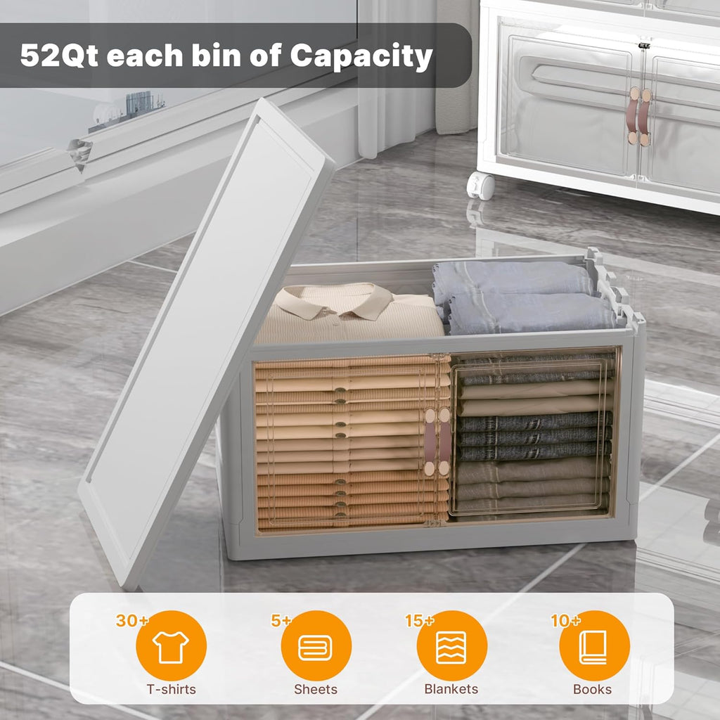 UAMFURI Stackable Storage Bins with Lids, 208QT Closet Organizers and Storage with Doors and Wheels, Extra Large Storage Cabinet, Collapsible Plastic Drawers for Bedroom Dorm Office Garage