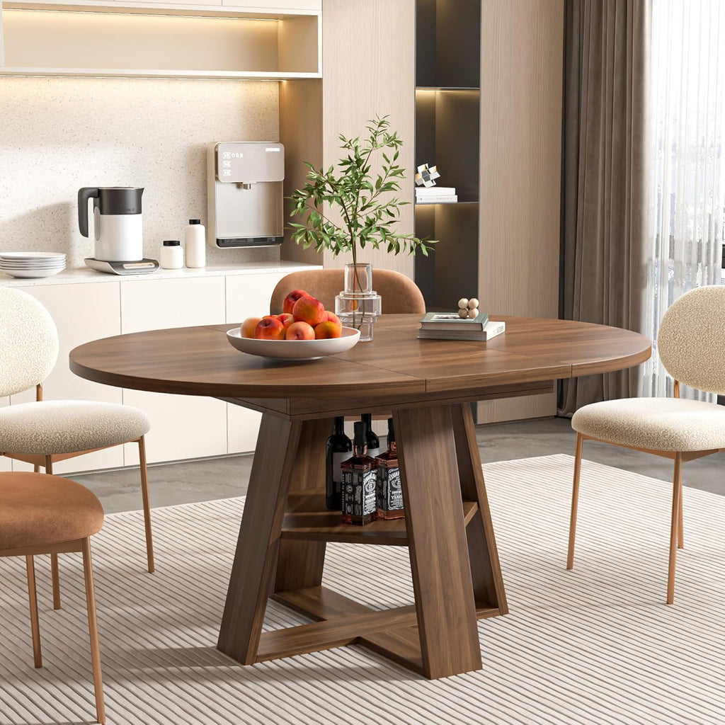 43.3in-59in Extendable Round Dining Table for 4-8,Modern Kitchen Oval Dining Table with Removable Leaves Space Saving,Wood Base with Storage Shelf for Kitchen Living Room (Walnut)