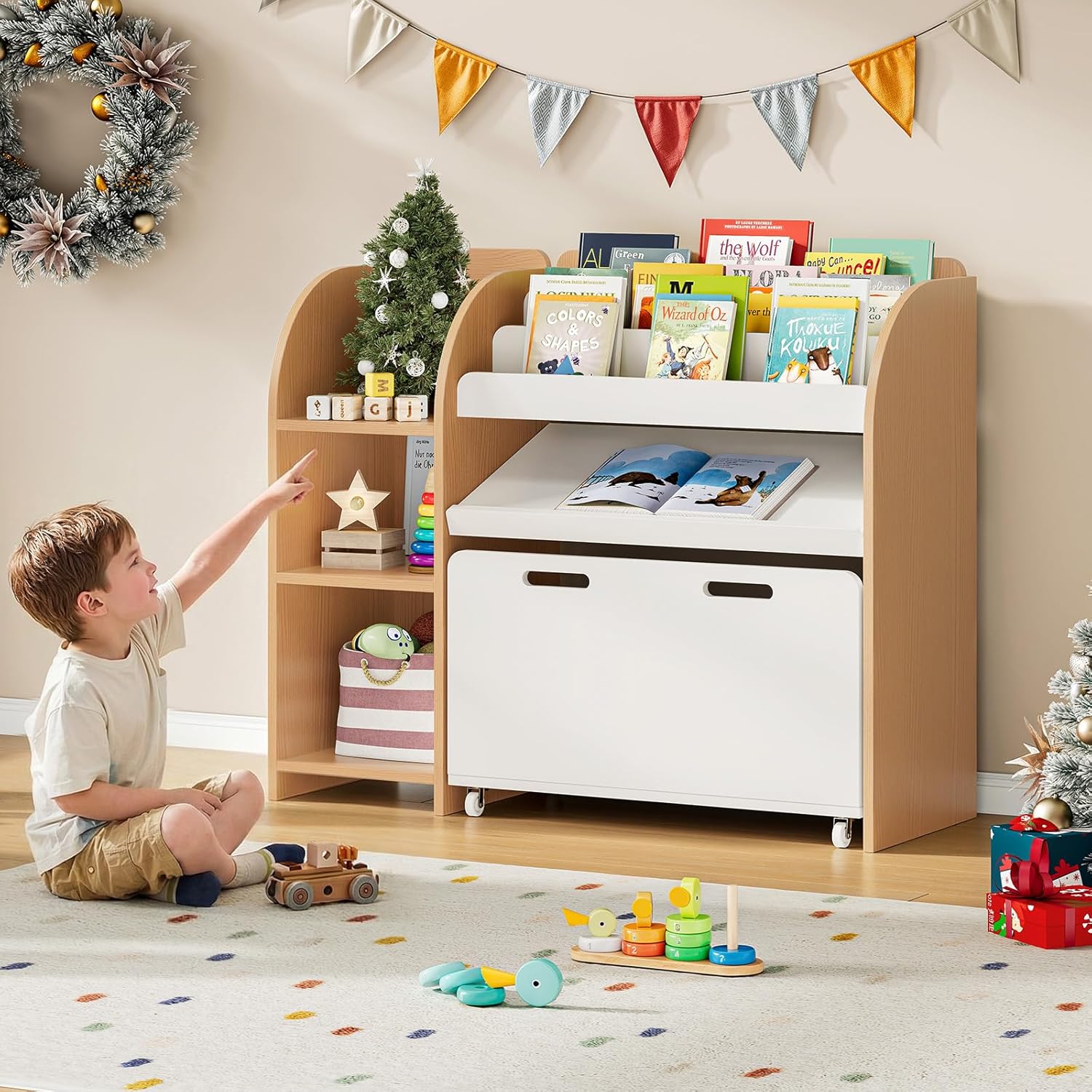 ONBRILL Kids Bookshelf and Toy Storage Organizer with Bench and Telescopic Book Holder, Reading Nook with Toy Box, Kids Furniture for Playroom, Bedroom, Living Room (White and Natural)