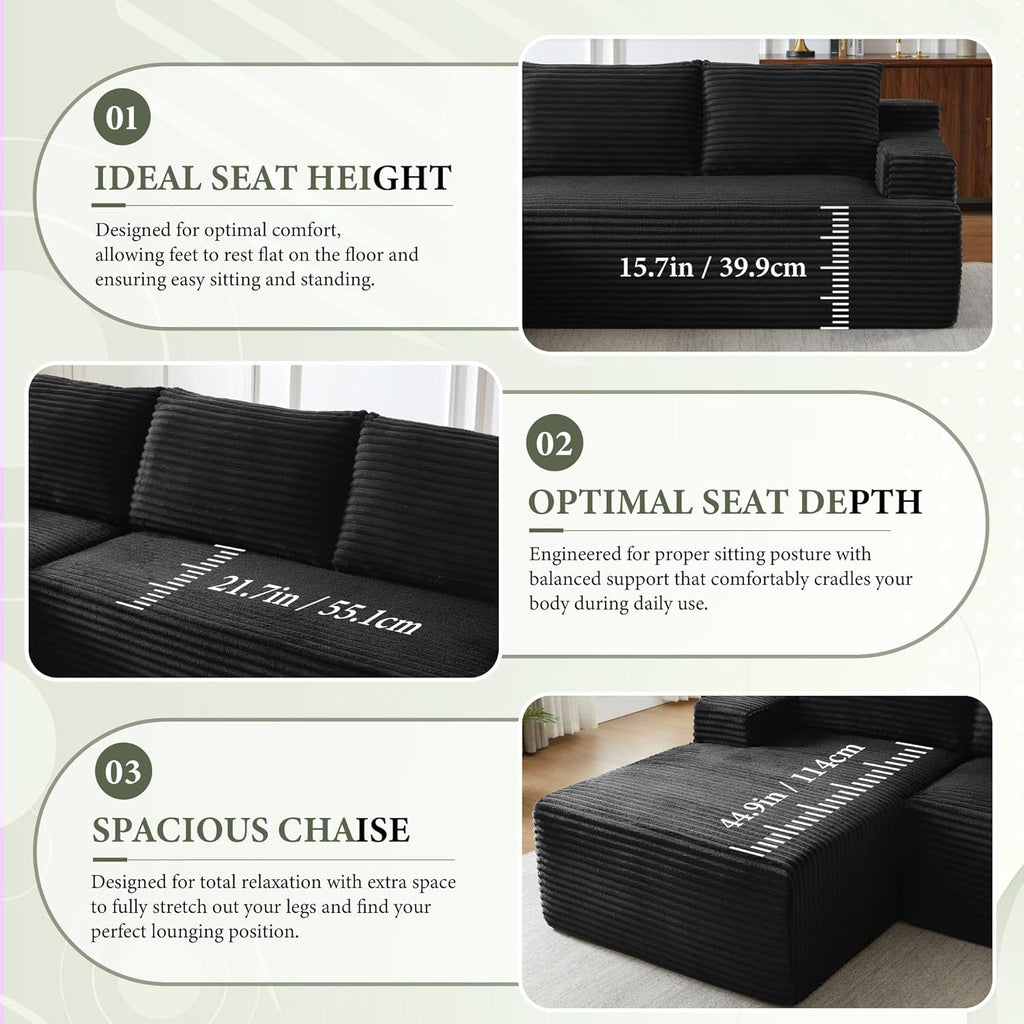 Sectional Couches for Living Room Cloud Couch Sofa with L-Shape Upholstered Boneless Couchs Modern Modular Sectional Couch with Chaise (Black, 96" W+Right Facing Chaise+2Seaters)