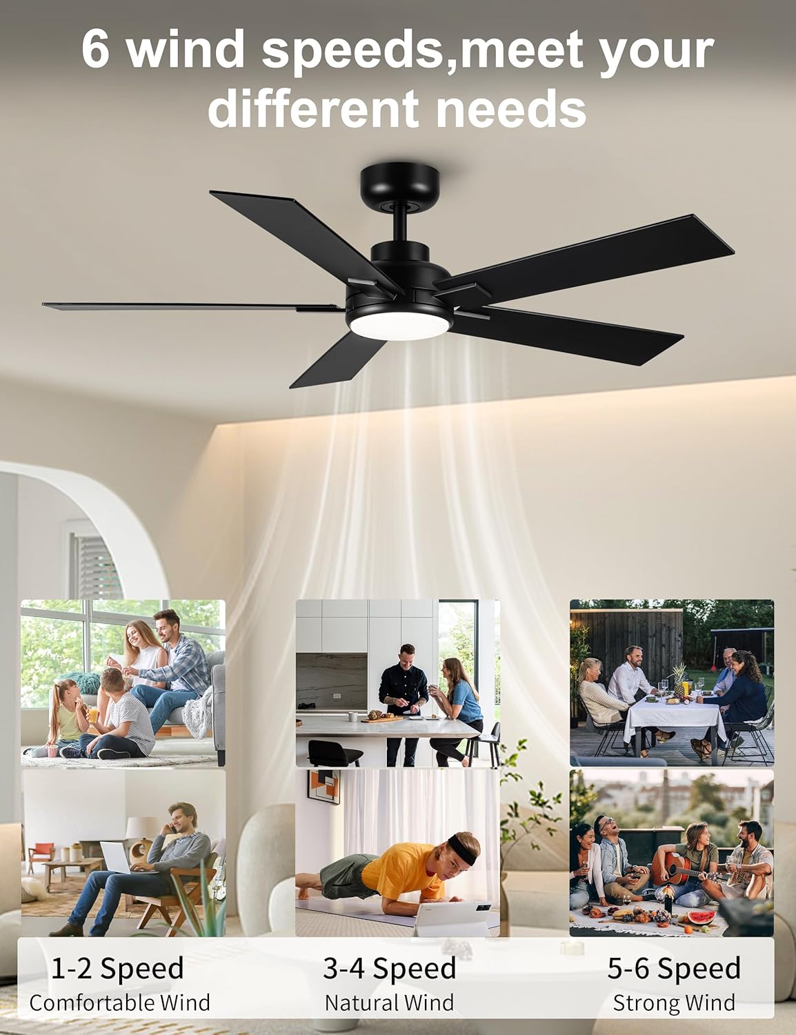 Modern Ceiling Fans with Lights - 52 inch Black Outdoor Ceiling Fan with Light and Remote, Reversible DC Motor, 6-Speed Quiet 3CCT LED Dimmable for Bedroom, Indoor and Outdoor, Patios , ETL Listed