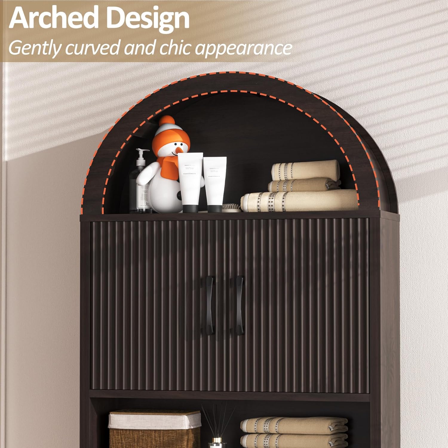 Spurgehom Over The Toilet Storage Cabinet, Bathroom Shelf Organizer Freestanding, Bathroom Arch Cabinet Over Toilet with Toilet Paper Holder and Anti-Tipping Device (Narrow Style-Coffee)