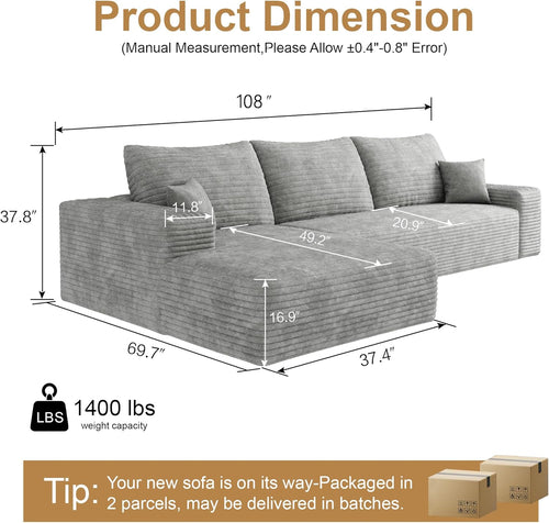 108" Sectional Couches for Living Room Cloud Couch Sofa with L-Shape Upholstered Boneless Couchs Modern Modular Sectional Couch with Chaise (Grey, 108" Left Facing Chaise+2Seaters)