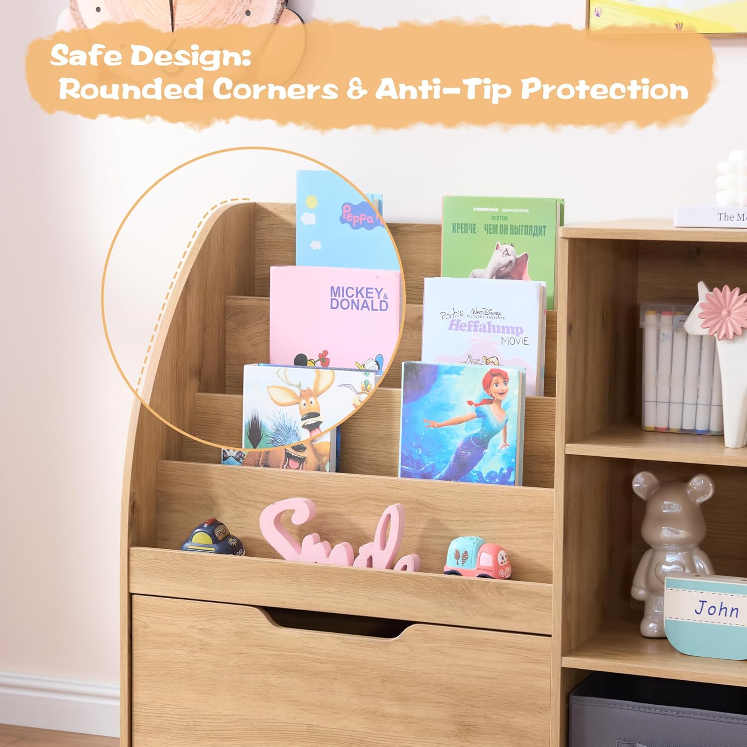 Fatmok Kids Bookshelf and Toy Storage, Toy Storage Organizers with Movable Drawers & 3 Storage Bins, Kids Reading Nook Toy Organizers Shelf with 5 Cubbies, Natral Wood
